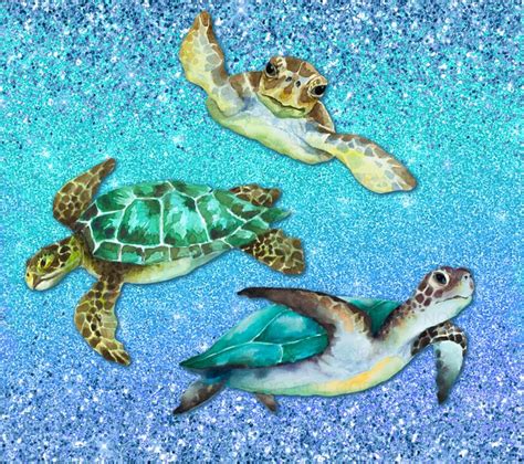 Three Green Sea Turtles Swimming In The Ocean With Blue Glitters On It