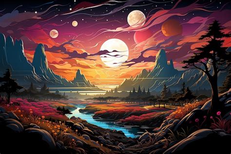 Premium Ai Image Strange Surreal Colorful Landscapes Line Art Modern