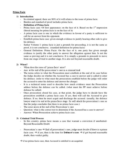 Prima Facie Notes | PDF | Burden Of Proof (Law) | Evidence