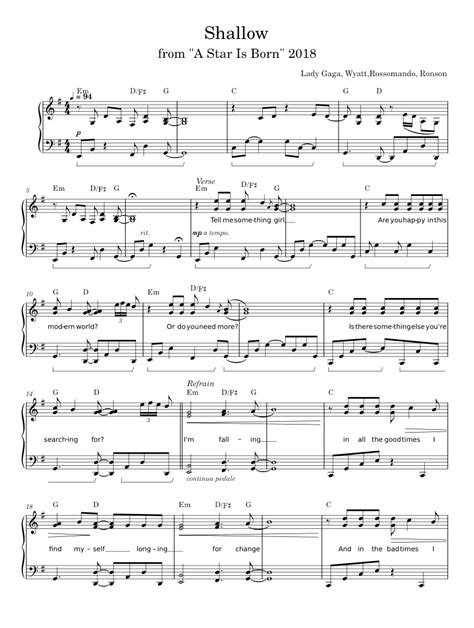 Shallow Lady Gaga Sheet Music For Piano Solo