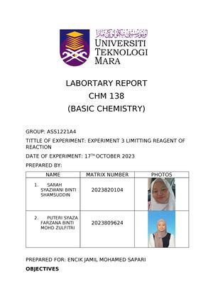 LAB Report 3 CHM138 LABORATORY REPORT BASIC CHEMISTRY CHM 138