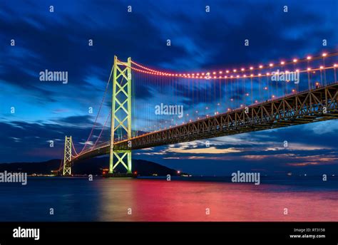 Night Scene Of Akashi Kaikyo Kobe Bridge With Light Japan Stock Photo