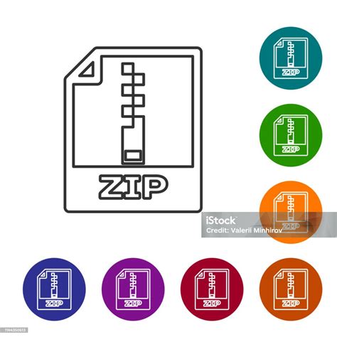 灰色 Zip 檔文檔圖示下載在白色背景上隔離的 Zip 按鈕線圖示郵遞區號檔符號在顏色圓圈按鈕中設置圖示向量插圖向量圖形及更多互聯網圖片