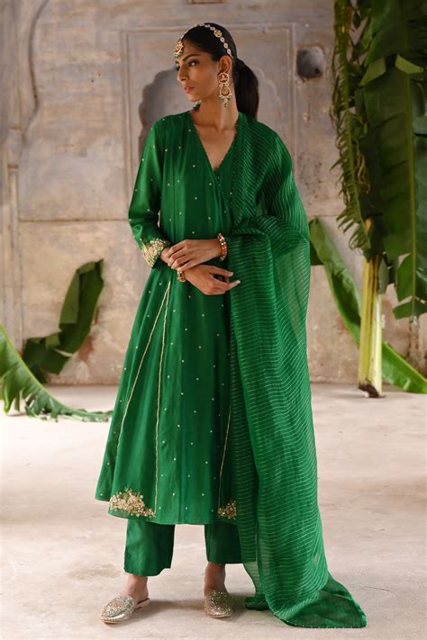 Buy Deep Thee Green Chanderi Zardozi Embroidered Angrakha Anarkali Set