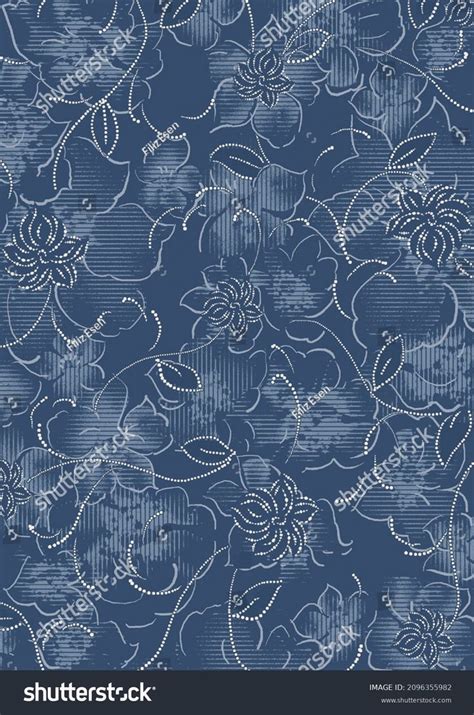 Blue Fabric with White Flower Print Pattern