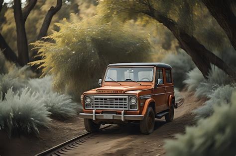 Premium AI Image An Orange Truck Driving Down A Dirt Road