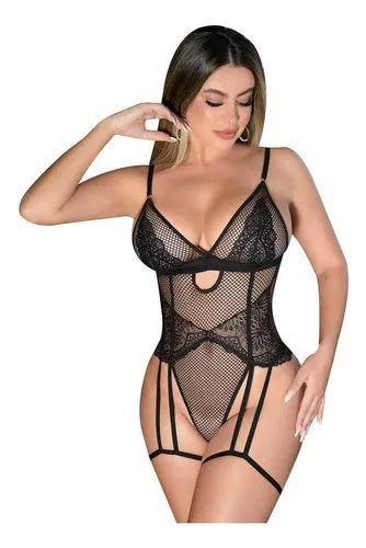 Body Sexy Lingerie Sensual Arrastão Renda Perola Cinta Liga