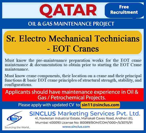 Sr Electro Mechanical Technicians Eot Cranes Needed For Oil Gas