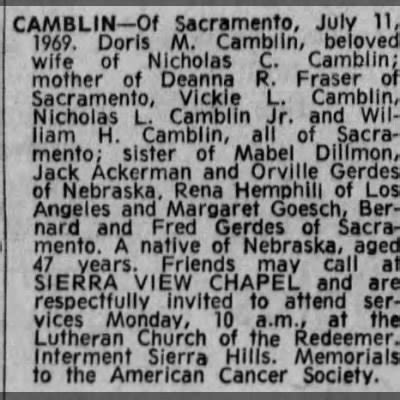 Obituary For Doris M CAMBLIN Aged 47 Newspapers