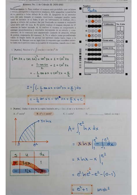 Pauta examen de primer parcial calculo 2 Examen No 1 de Cálculo II