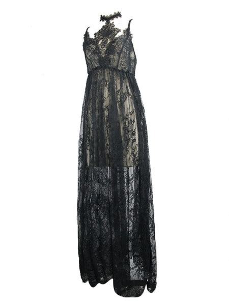 Black Romantic Sexy Gothic Lace Long Sheer Dress Uk