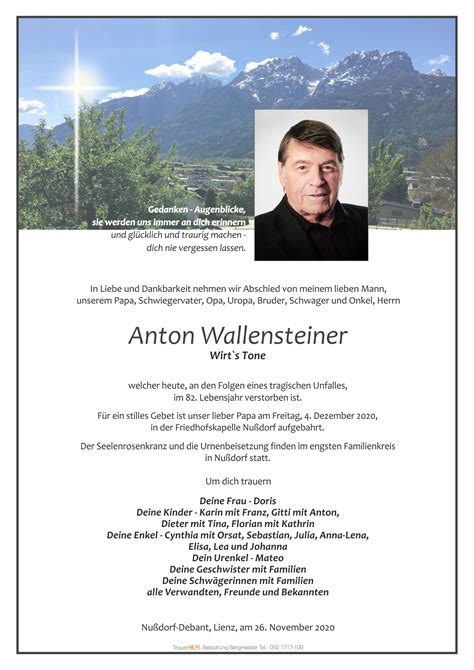 Todesanzeige Anton Wallensteiner Trauer Link