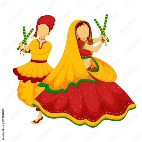 Illustration Of Beautiful Cute Couple Dancing Garba Or Dandiya Dance On