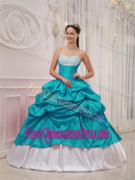 Pretty Teal And White Quinceanera Dress For Summer With Beads And Pick Ups