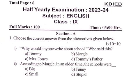 SEBA Class 9 English Half Yearly Question Paper 2023 Edu Axom