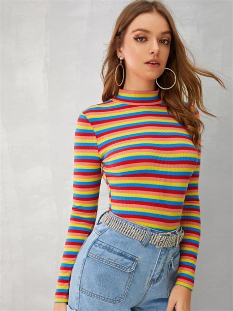 Shein Ezwear Mock Neck Rib Knit Striped Tee Shein Eur