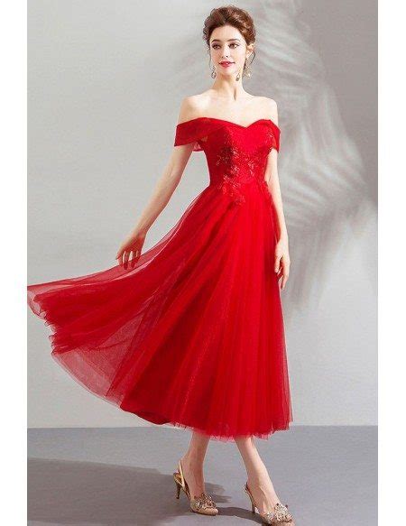 Gorgeous Red Off Shoulder Tulle Tea Length Party Dress Formal Wholesale