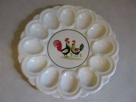 Charming Vintage Deviled Egg Plate Platter Rooster Chickens Steubenville Horizon Deviled Egg