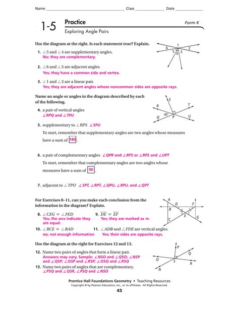 1 5 Practice Angle Relationship Answers PDF