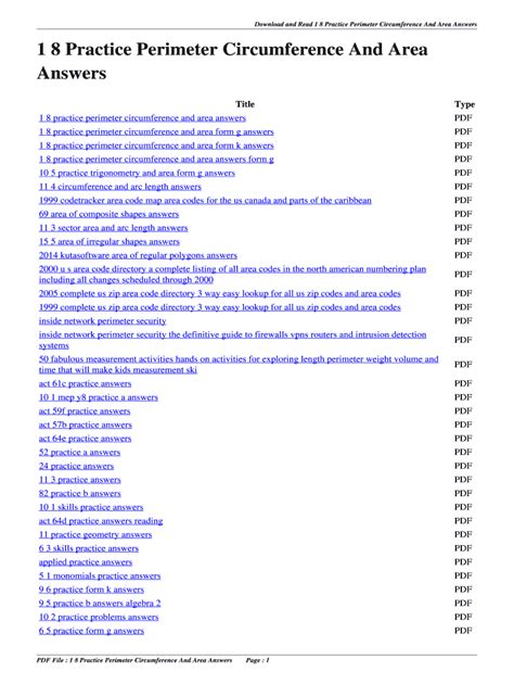 1 8 Practice Perimeter Circumference And Area Answers Doc