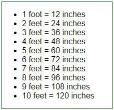 1 foot (ft) = 12 inches (in)