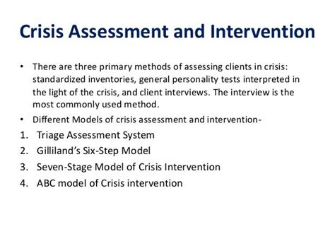 1. Crisis Assessment and Intervention: