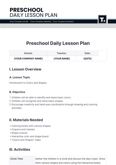 1. Daily Preschool Lesson Plan Template