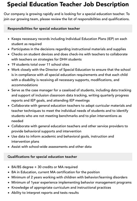 10,000+ Character Guide to Special Education Teacher Job Description