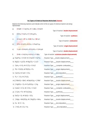 102 Classifying Chemical Reactions Answers Doc