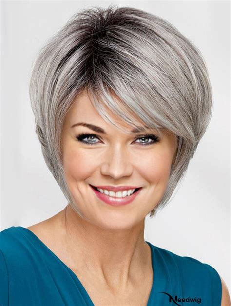 12" Straight Chin Length Lace Front Bobs Grey Wigs