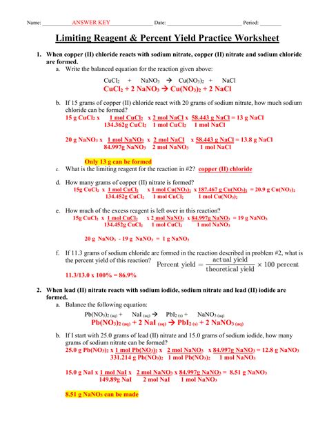 123 Limiting Reagent And Percent Yield Answer Key PDF