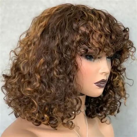 14" Curly With Bangs Remy Human Hair Hair Wigs