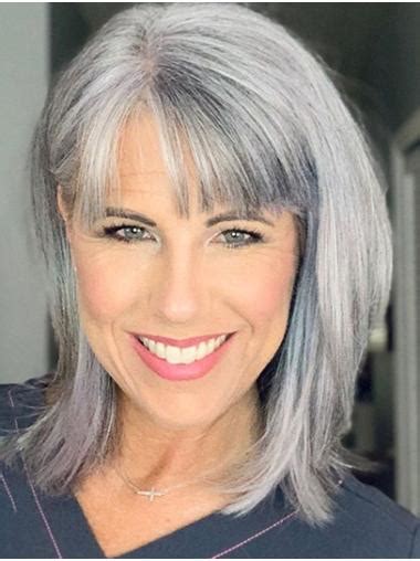 14" Grey Straight With Bangs Ladies Monofilament Wigs