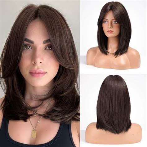 14" Shoulder Length: The Perfect Brown Straight Synthetic Wig with Bangs for Women in 2025