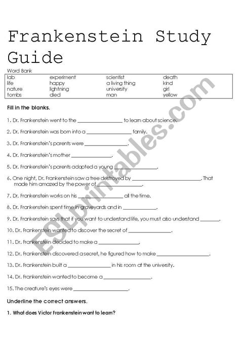 14 Frankenstein Study Guide Answer Key Reader