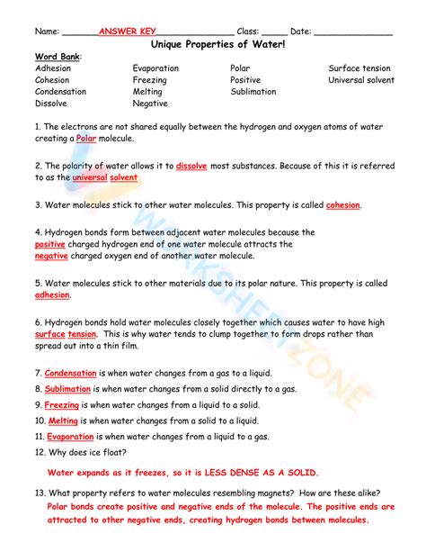 151 water and its properties worksheet answers Doc