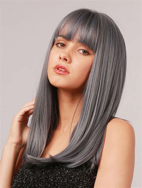 16'' Long Grey with Bangs Remy Lace Wigs