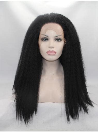 17" Kinky Synthetic Black Without Bangs Long Lace Front Wigs