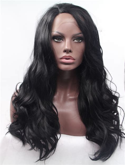 18" Curly Black Without Bangs Synthetic Long Lace Front Wigs