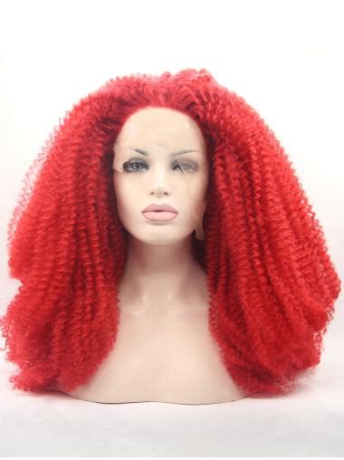 18" Kinky Red Without Bangs Synthetic Long Lace Front Wigs