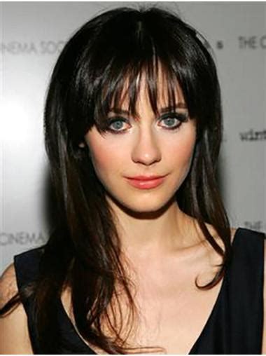 18" Lace Front Long Remy Human Hair Straight Zooey Deschanel Wigs