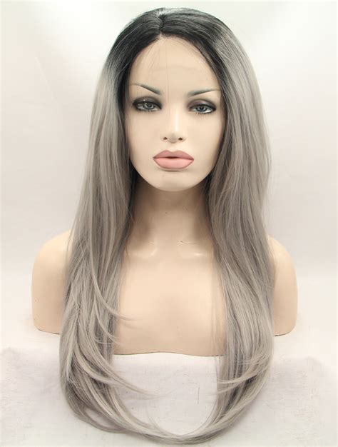 19" Straight Grey Layered Synthetic Lace Front Long Wigs