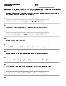 1920s Internet Scavenger Hunt Answer Sheet PDF