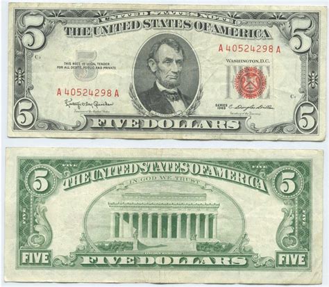 1963 five dollar bill red writing