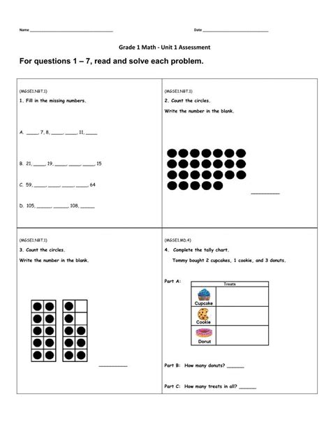 1st Grade Math Assessment Test Printable Free