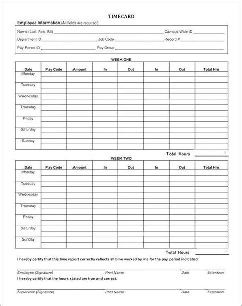 2 Week Time Card Template