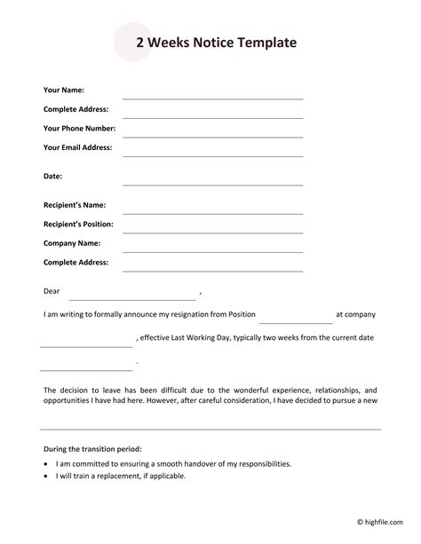 2 Weeks Notice Template