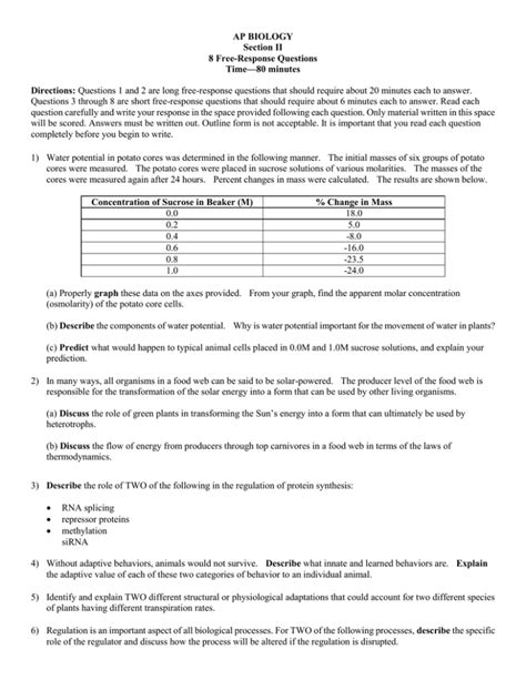 2000 Ap Biology Free Response Questions Answers Reader