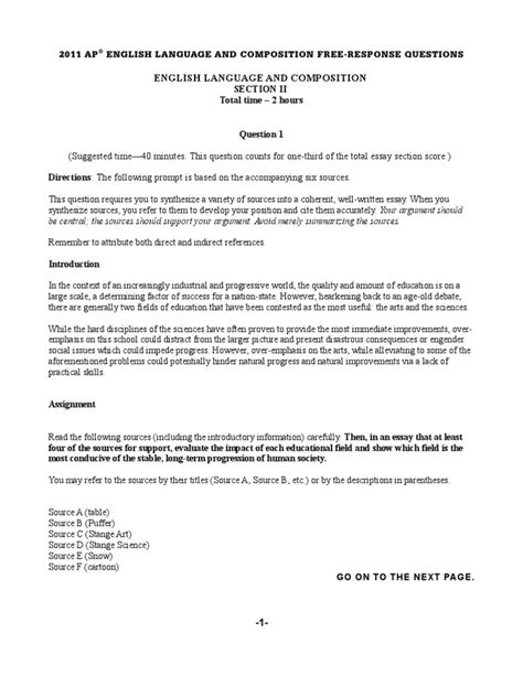 2011 ap english language and composition free response questions answers PDF