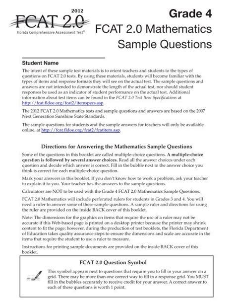 2012 Fcat 20 Mathematics Sample Questions Answer Key Doc